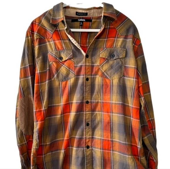 Carbon Men’s Orange/Tan Plaid Corduroy Elbow Long Sleeve Button Down Shirt-Large - Picture 1 of 7